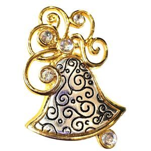 Holiday Bell Brooch Black Swirl Enamel Rhinestones Christmas Pin 2" Gold Tone